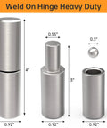 Weld-on barrel hinge set in brushed stainless steel; three cylindrical hinge parts sized 4-inch, 3-inch, and 2-inch.