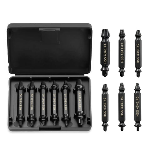Six Piece Damaged Screw Extractor Set For Easy Out Bolts, Stripped Screw Remover Tool, And Stud Removal in open case
