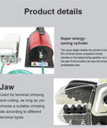 Get This Pro Hydraulic Crimper And Pneumatic Electric Terminal Crimping Machine With Interchangeable Dies For Connector Lug Ferrules As A Sweet Professional Tool Kit Featuring High Efficiency Brushless Motor Smooth Operation And Long Lasting. red cylinder and jaw close-up