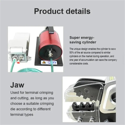 Get This Pro Hydraulic Crimper And Pneumatic Electric Terminal Crimping Machine With Interchangeable Dies For Connector Lug Ferrules As A Sweet Professional Tool Kit Featuring High Efficiency Brushless Motor Smooth Operation And Long Lasting. red cylinder and jaw close-up