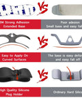 Comparison image of three-pack cord organizer for kitchen appliances, showing strong adhesive, flexible silicone, and plug holder features.