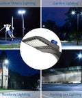 Beefed-Up 150W LED Shoebox Parking Lot Light With Dusk To Dawn Photocell illuminating outdoor spaces at night