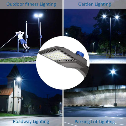 Beefed-Up 150W LED Shoebox Parking Lot Light With Dusk To Dawn Photocell illuminating outdoor spaces at night