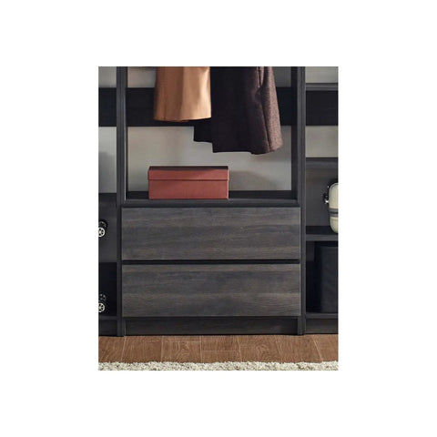 Freestanding Wooden Closet System Featuring Modular Cubbies And Hanging Rods Delivers Totally No Sweat Customizable Wardrobe Storage For Clothes Shoes And Accessories In Sleek Gray with drawers and storage box.