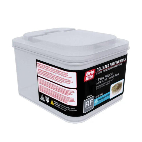 Plastic tub containing 1-1/4 Inch 15 Degree Electro-Galvanized Coil Roofing Nails Smooth Shank .120 Inch Diameter for DIY roofing