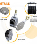 Beefy Heavy Duty Block And Tackle Pulley System 2200Lb Capacity with 4 pulleys, steel bolts, heavy steel construction