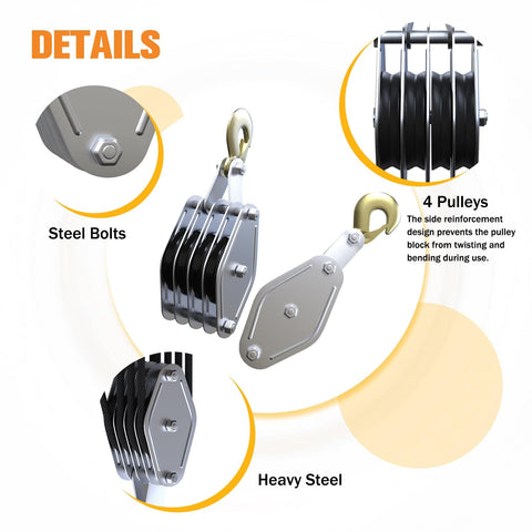 Beefy Heavy Duty Block And Tackle Pulley System 2200Lb Capacity with 4 pulleys, steel bolts, heavy steel construction
