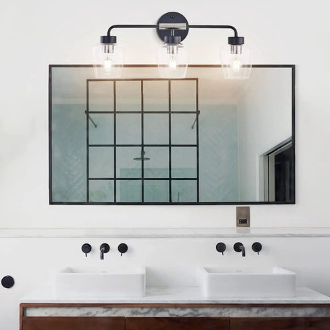 Three Light Vanity Light Fixture With Clear Glass Shades, Matte Black Back Plate And Brushed Nickel Accents, Powder Room Wall Light For Mirror, Modern Industrial Look