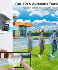 Weatherproof Security Rig Ships With Built In Sim Card For Easy 4G LTE Access And Draws Solar Power To Skip Wi Fi Setup While Surviving IP Sixty Five Rain Damage Plus Quick 360 Degree Pan Tilt View And Clear Two Way Talking. Pan-tilt solar camera tracking moving figure on smartphone in yard.