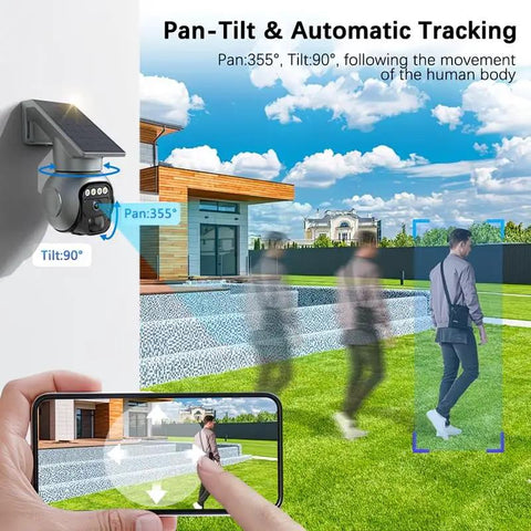 Weatherproof Security Rig Ships With Built In Sim Card For Easy 4G LTE Access And Draws Solar Power To Skip Wi Fi Setup While Surviving IP Sixty Five Rain Damage Plus Quick 360 Degree Pan Tilt View And Clear Two Way Talking. Pan-tilt solar camera tracking moving figure on smartphone in yard.