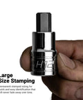 Close-up of hand holding a hex socket with size stamping, part of the Master Bit Socket Set 88 Piece Advanced Series for mechanics.