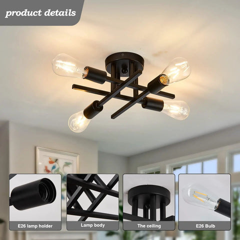 Four Light Semi Flush Mount Ceiling Light Fixture Two Pack Matte Black With E26 Base Modern Farmhouse Style in a living room