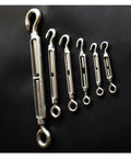 Premium 304 Stainless Steel Turnbuckle Wire Rope Tensioner With Eye Screw Hook Rigging Hardware M4 M5 M6 M8 sizes displayed together.