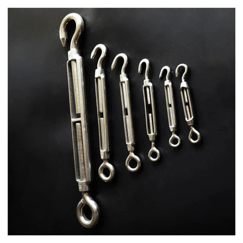 Premium 304 Stainless Steel Turnbuckle Wire Rope Tensioner With Eye Screw Hook Rigging Hardware M4 M5 M6 M8 sizes displayed together.