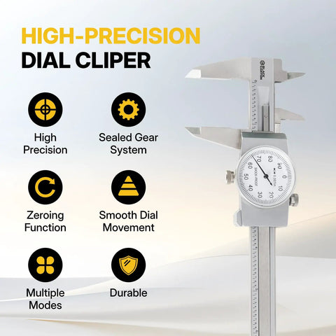 Close-up of 6 Inch Dial Caliper With 0.001 Inch Graduation Precise Inside And Outside Measurement Tool with dial showing high precision