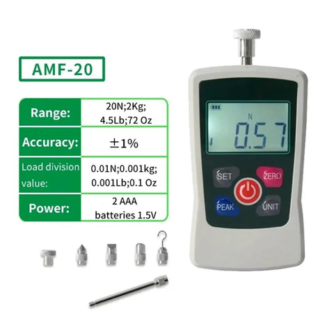 Digital Push Pull Gauge With Backlit Display Portable Dynamometer For On The Go Compression Tests AMF 500N Max 1 Percent Precision White Unit Requires Two AAA Batteries Not Included, AMF-20 display
