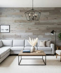 Kickass Water Based Wood Stain With A Slick Gray Brown Tint on a natural wood wall in a cozy living room setting.