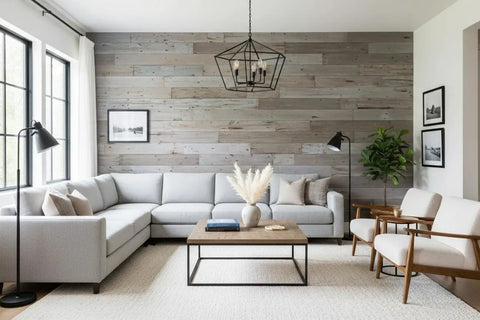 Kickass Water Based Wood Stain With A Slick Gray Brown Tint on a natural wood wall in a cozy living room setting.