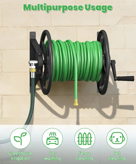 Heavy Duty Wall Mounted Garden Hose Reel With One Hundred Twenty Five Feet Of Five Eighths Inch Capacity Includes Three Point Nine Feet Leader Hose And Brass Connector Hose Holder Winder And Storage Rack For Yard Lawn Farm Black shown mounted on a wall with green hose and crank handle visible.