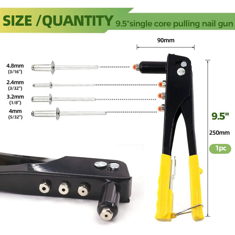 Heavy Duty Manual Riveter Kit With 6 Size Aluminum Blind Rivets Assortment 226 Pcs M2.4 M3.2 M4 M4.8 Hand Rivet Gun dimensions