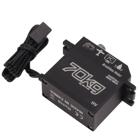 Beast Mode 70Kg Brushless Digital Servo showing black housing, cables, designed for 1/8 and 1/10 RC Crawler applications.