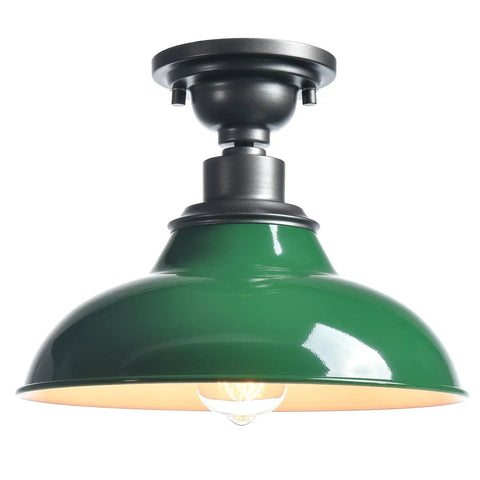 Industrial 12 Inch Semi Flush Mount Ceiling Light With Green Barn Style Lampshade And Gray Fixture