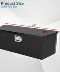 Heavy Duty 35 Inch Black Powder Coated Steel Truck Tool Box With Waterproof Drip Lid And Secure Lock front view with dimensions shown