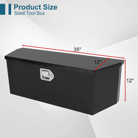 Heavy Duty 35 Inch Black Powder Coated Steel Truck Tool Box With Waterproof Drip Lid And Secure Lock front view with dimensions shown