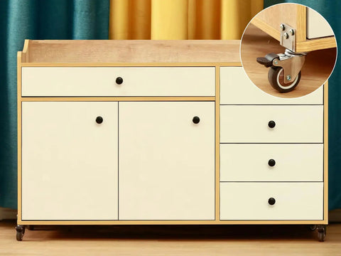 Cabinet on 1.5 Inch Side Mount Caster Wheels Set Of 12 With Locking Swivel, L Shaped Rubber Casters, visible wheel close-up
