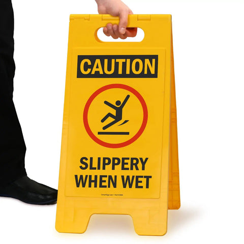 Heavy Duty Caution Slippery Floor Sign Foldable Double Sided Polypropylene Warning Plaque For Warehouses And Commercial Spaces Built Like A Tank To Outlast Heavy Daily Foot Traffic