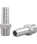 Stainless Steel Half Inch Hose Barb to Three Eighth Inch NPT Male Fittings For Home Brew Beer Lines, Pack Of 2, close-up view