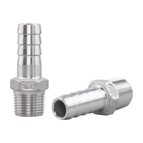 Stainless Steel Half Inch Hose Barb to Three Eighth Inch NPT Male Fittings For Home Brew Beer Lines, Pack Of 2, close-up view