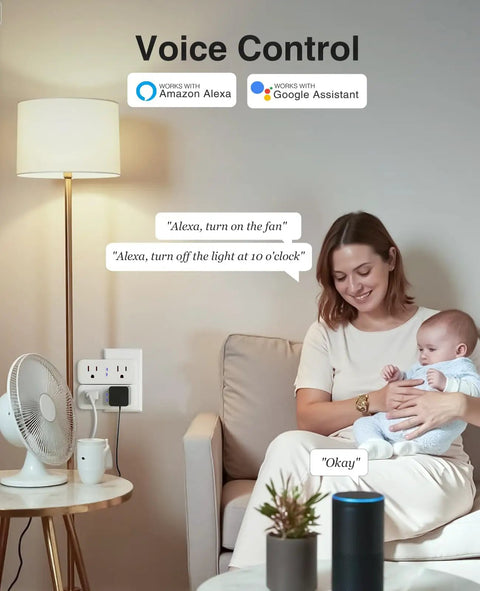 Mother using Dual Smart Plug 15A That Works With Alexa And Google Home, controlling fan and light with voice commands.