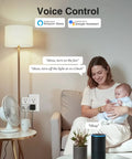 Woman with baby using Dual Smart Plug 15A, Works With Alexa And Google Home for voice control of lamp and fan