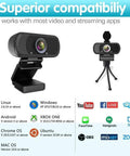 Smooth Operator 1080P Full HD Webcam With Integrated Mic, Plug And Play USB Camera showing compatibility with various platforms.