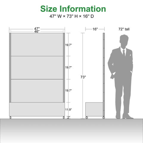 Size diagram of Metal Raised Garden Bed With Trellis And Wheels For Climbing Plants Veggies And Vines Rust Resistant Galvanized Steel Planter 72 By 47 By 16 Inches Includes Drainage Holes And Black Privacy Screen, showing dimensions 47 by 73 by 16 inches next to silhouette.