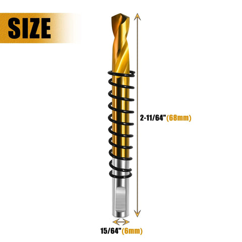 Five Pro Grade M2 HSS Pilot Drill Bits Titanium Coated Center Pins showing size 2-11/64" (68mm) and shank diameter 15/64" (6mm).