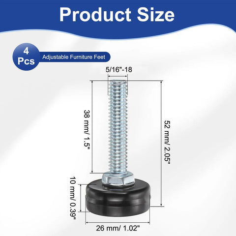 Sturdy Adjustable Furniture Levelers And Threaded Legs With Screw On Chair Glides 4 Piece Black Kit featuring 5/16-18 threads and size details.