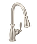 Traditional One Handle Kitchen Faucet In Spot Resist Stainless With Pull Down Sprayer Power Boost Quick Rinse Reflex Retractable Hose, high arc design.