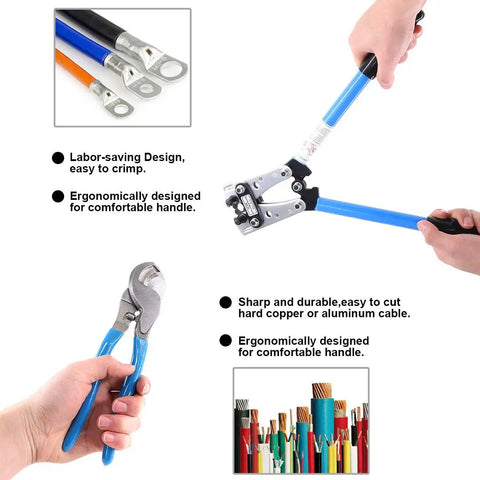 Pro Grade 2 Piece Wire Crimping Tool Kit With Cable Cutter Terminal Crimper for Cu and Al Lug Crimping, showing usage and features
