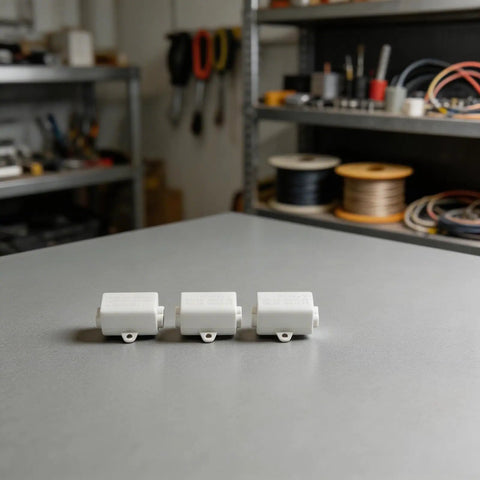 Heavy Duty T Shape Terminal Block Quick Wire Connector 1000V 100A Cable Splitter pack of 3 on gray table in workshop.