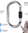 Beefy Heavy Duty Steel Carabiner Clip Set Rated 25kN 5600lbs shown with screw lock and certification details