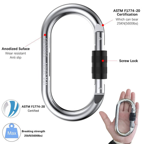 Beefy Heavy Duty Steel Carabiner Clip Set Rated 25kN 5600lbs shown with screw lock and certification details
