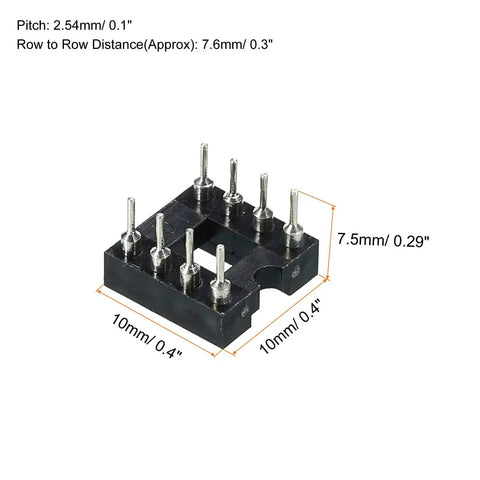 Dip IC Socket Adapter Round Pin 8P 2.54mm Pitch IC Socket For PCB Board Chips Six Pack, shown with pin dimensions and layout.