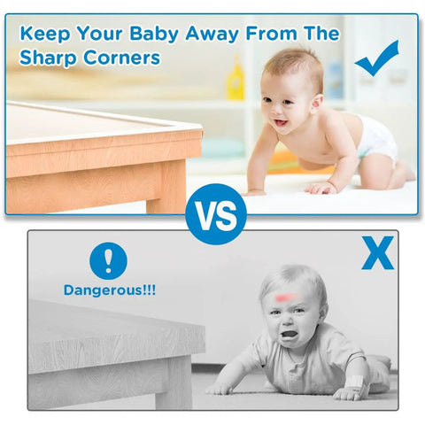 Comparison showing baby safe with Clear 0.6 Inch Edge Protector Strips Thickened Silicone Soft Corner Guards With Upgraded Pre Taped Strong Adhesive 26.2 Feet Of Edge Protectors For Cabinets Tables And Drawers Kid Safe Baby Proofing For A Safer Home versus baby exposed to sharp table corner.