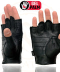 Men's Black Perforated Leather Motorcycle Gloves With Gel Padded Palm, Fingerless Open Knuckle, Great Grip And Vibration Reduction For Riding, SH195, Extra Large shown on both sides.