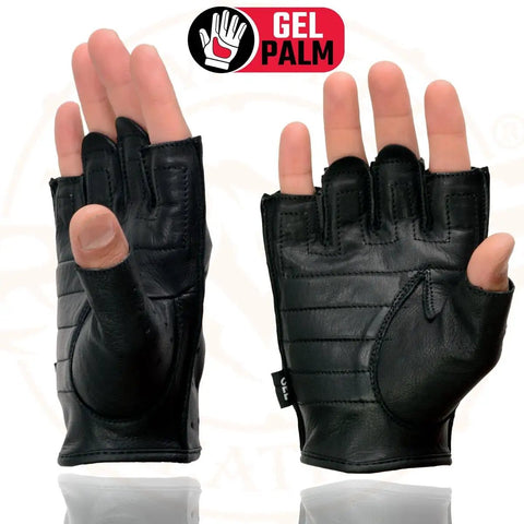 Men's Black Perforated Leather Motorcycle Gloves With Gel Padded Palm, Fingerless Open Knuckle, Great Grip And Vibration Reduction For Riding, SH195, Extra Large shown on both sides.