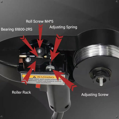 130A Aluminum Spool Gun For MIG Welding, 15 Foot Torch, detail view of wire spool setup, labeled components, and adjusting mechanisms.