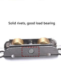 Heavy Duty Sliding Door Rollers 88 Type Double Groove Pulley showing stainless steel roller with brass wheels and solid rivets.