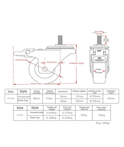 Technical diagram of Pack Of 4 Beefy 1.5 Inch Square Tube Wheel Casters With Stainless Steel Silent Brake specifications.